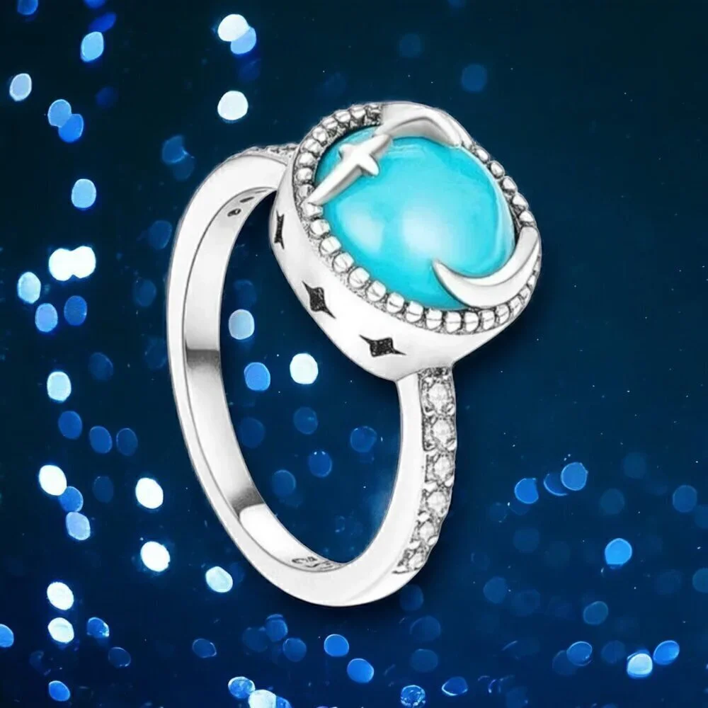 NWT Ring S925 Sterling Silver Stamped Star Moon CZ Turquoise Cabochon Sz. 7